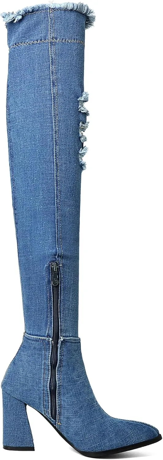 Elbslutt Women's Denim Ankle Boots Pointed Toe Booties Chunky Heeled Mid Calf Boots Zip up Dress Shoes