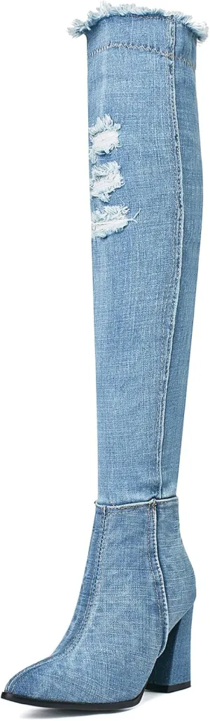 Elbslutt Women's Denim Ankle Boots Pointed Toe Booties Chunky Heeled Mid Calf Boots Zip up Dress Shoes