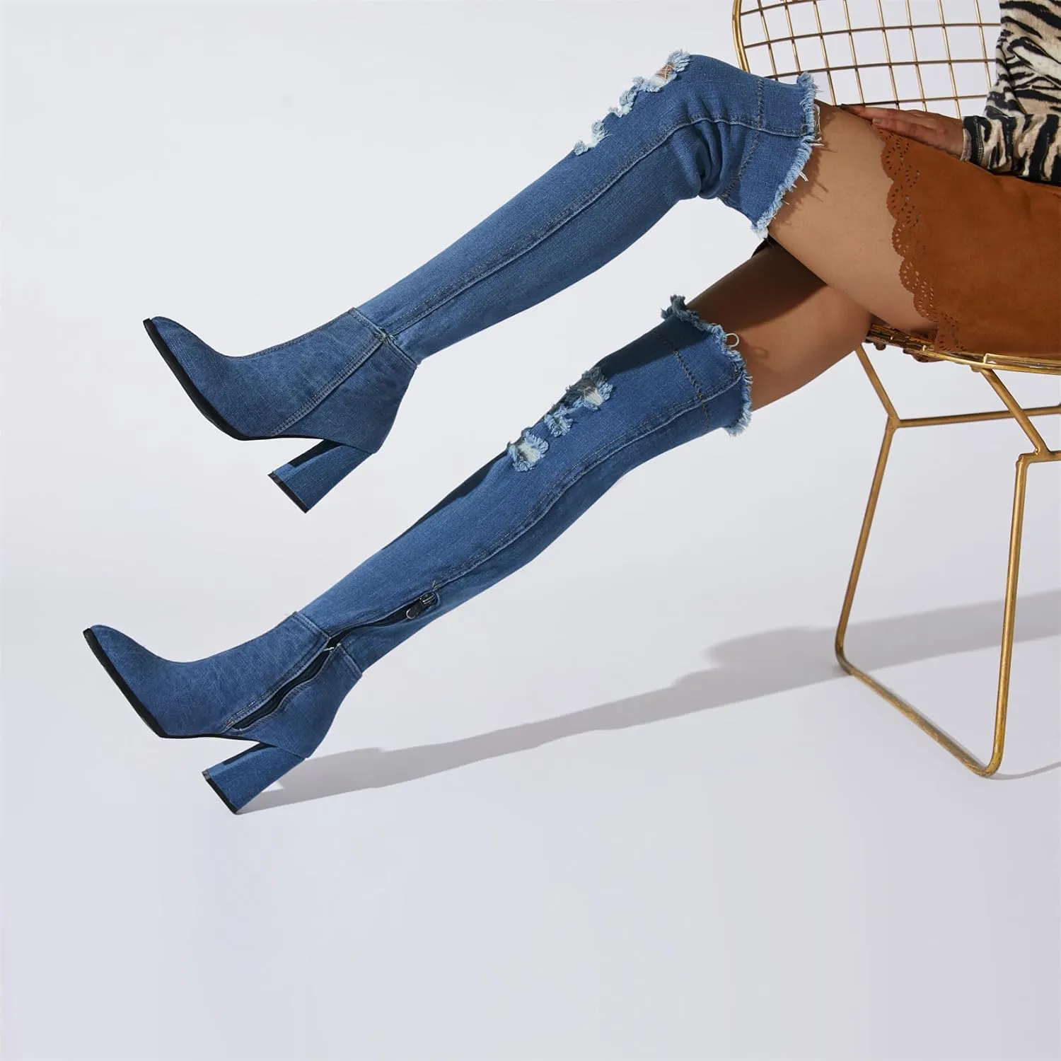 Elbslutt Women's Denim Ankle Boots Pointed Toe Booties Chunky Heeled Mid Calf Boots Zip up Dress Shoes