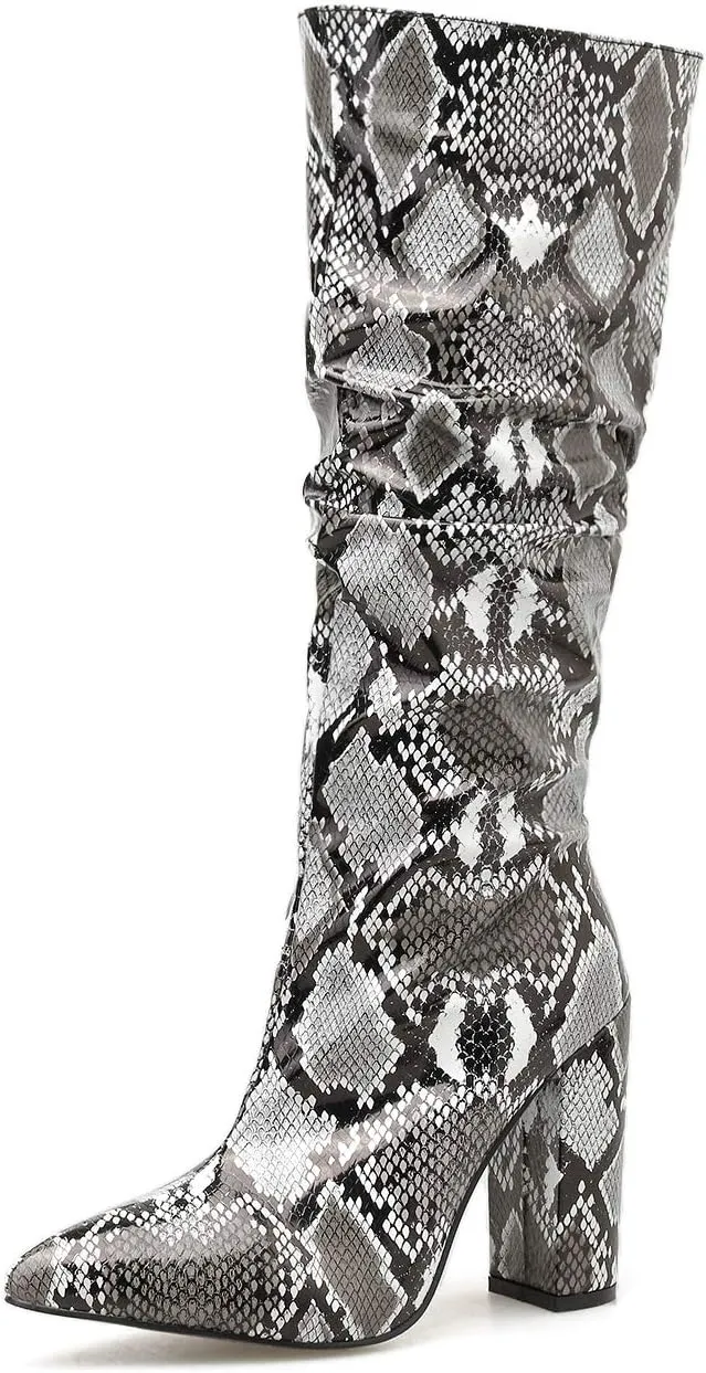 Elbslutt Women's Snakeskin Knee High Boots Wide Calf Chunky Heeled Snake Print Zip Up Mid Calf Boots