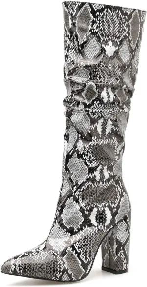 Elbslutt Women's Snakeskin Knee High Boots Wide Calf Chunky Heeled Snake Print Zip Up Mid Calf Boots