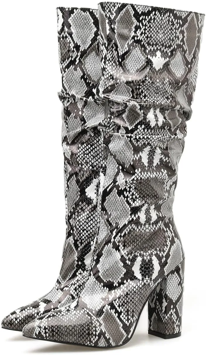 Elbslutt Women's Snakeskin Knee High Boots Wide Calf Chunky Heeled Snake Print Zip Up Mid Calf Boots