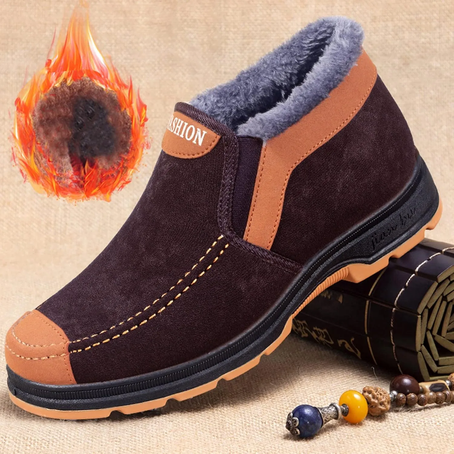 Fashion Snow Boots for Men Comfort Slip On Winter Boots Non Slip Walking Boots Fleece Lined Insulated Boots