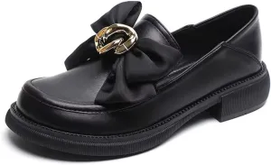 INEELUYI Women's Loafers Comfortable Bowknot Chunky Heel Platform Driving Flats Casual Round Toe Slip On Loafer Shoes