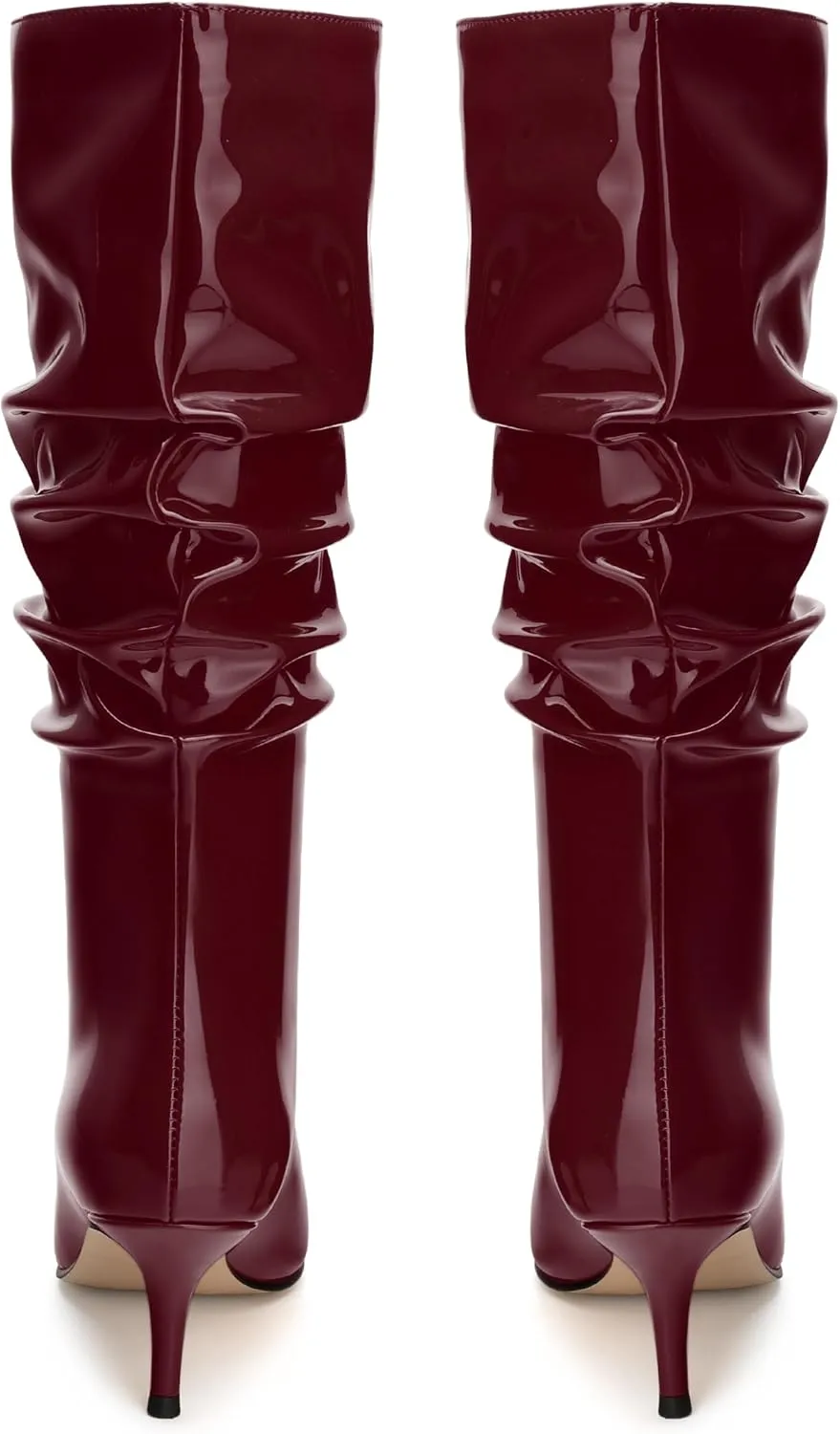 JUSTDANNI Mid Calf Boots for Women Slouchy Kitten Heel Pointed Toe Boots Pull On Patent Party Shopping Dating Under Knee High Boots