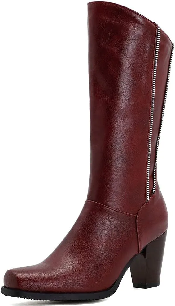 KOKOMOMO Womens Square Toe Chunky Mid Calf High Heeled Zip Up Boots