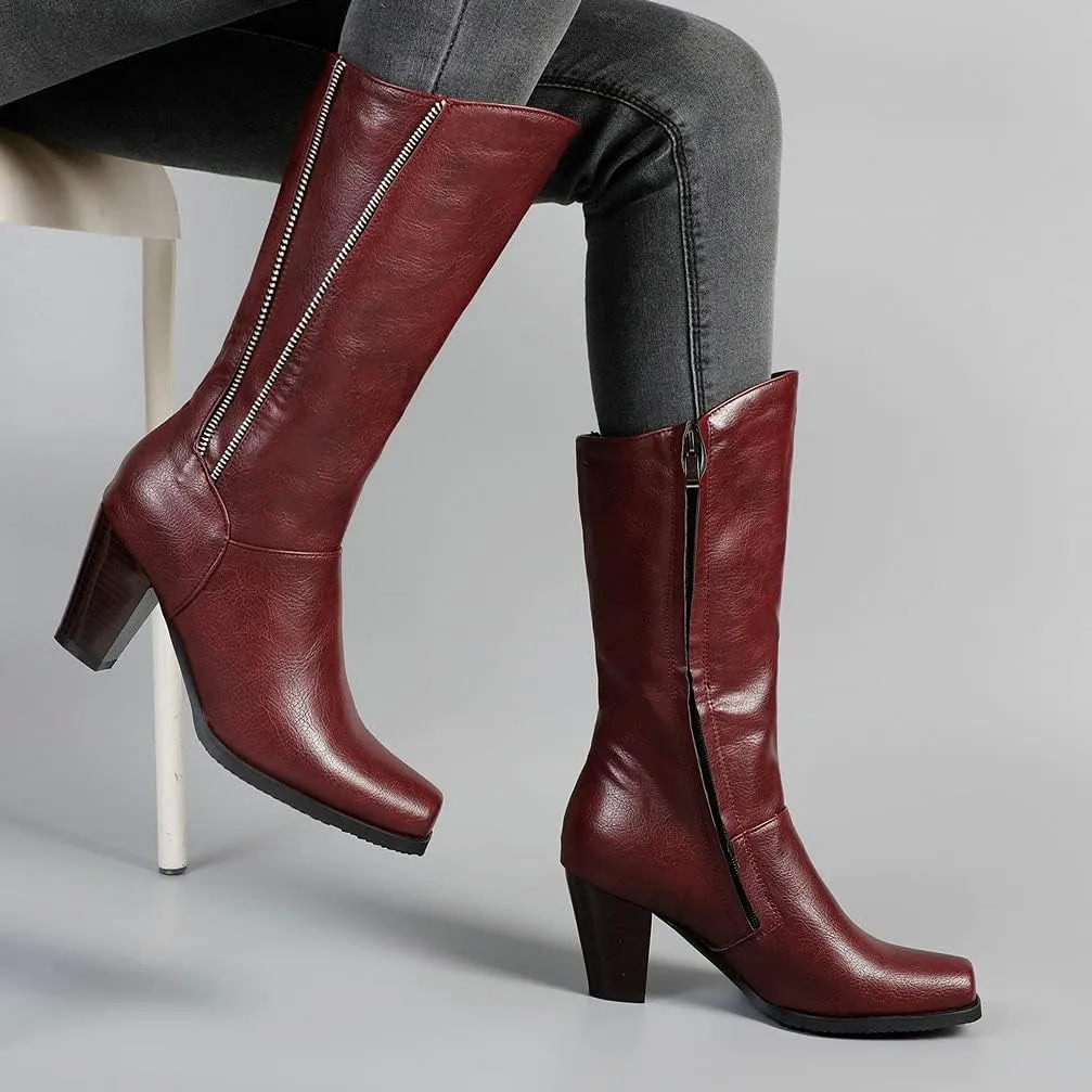 KOKOMOMO Womens Square Toe Chunky Mid Calf High Heeled Zip Up Boots