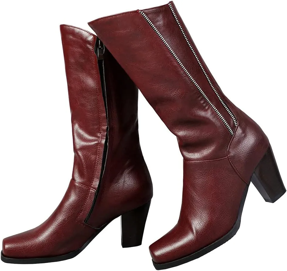KOKOMOMO Womens Square Toe Chunky Mid Calf High Heeled Zip Up Boots