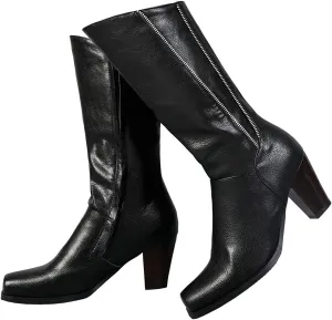 KOKOMOMO Womens Square Toe Chunky Mid Calf High Heeled Zip Up Boots