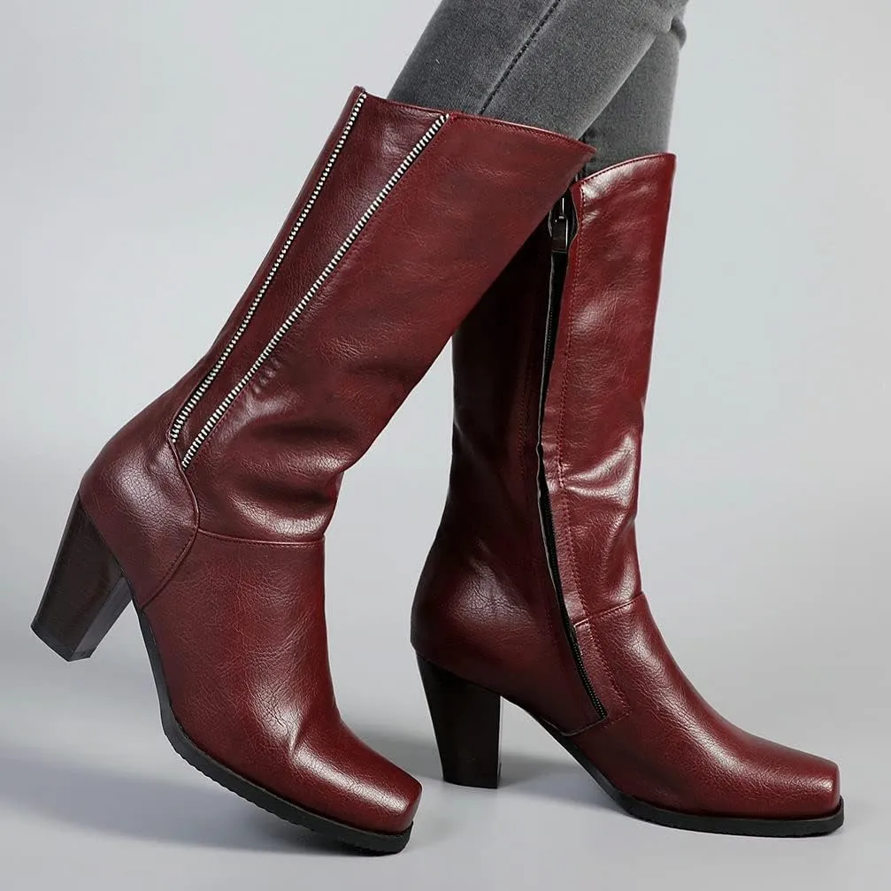 KOKOMOMO Womens Square Toe Chunky Mid Calf High Heeled Zip Up Boots