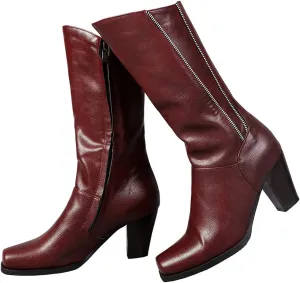 KOKOMOMO Womens Square Toe Chunky Mid Calf High Heeled Zip Up Boots
