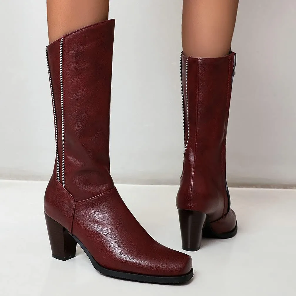 KOKOMOMO Womens Square Toe Chunky Mid Calf High Heeled Zip Up Boots