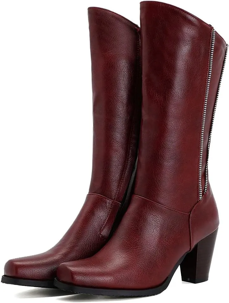 KOKOMOMO Womens Square Toe Chunky Mid Calf High Heeled Zip Up Boots