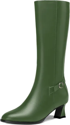 KUOARN Womens Matte Round Toe Solid Cute Ankle Strap Zip Night Club Kitten Low Heel Mid Calf Boots 2 Inch