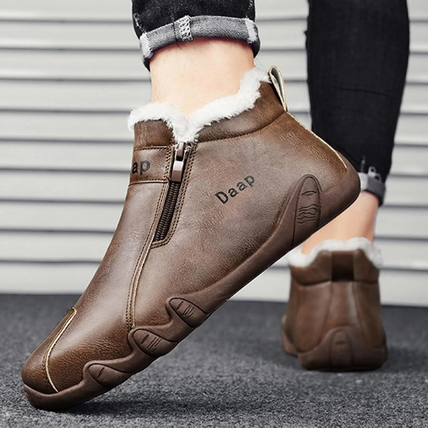 Leather Furry Boots for Men Fleece Lined Warm Winter Boots Water Proof Insulated Boots Soft Men's Wide Width Snow Boots