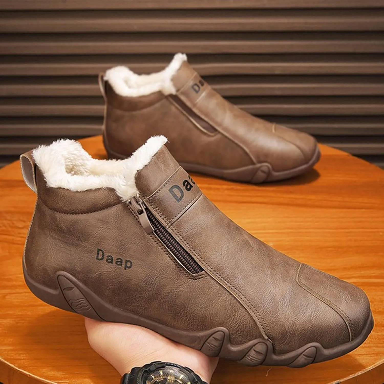 Leather Furry Boots for Men Fleece Lined Warm Winter Boots Water Proof Insulated Boots Soft Men's Wide Width Snow Boots