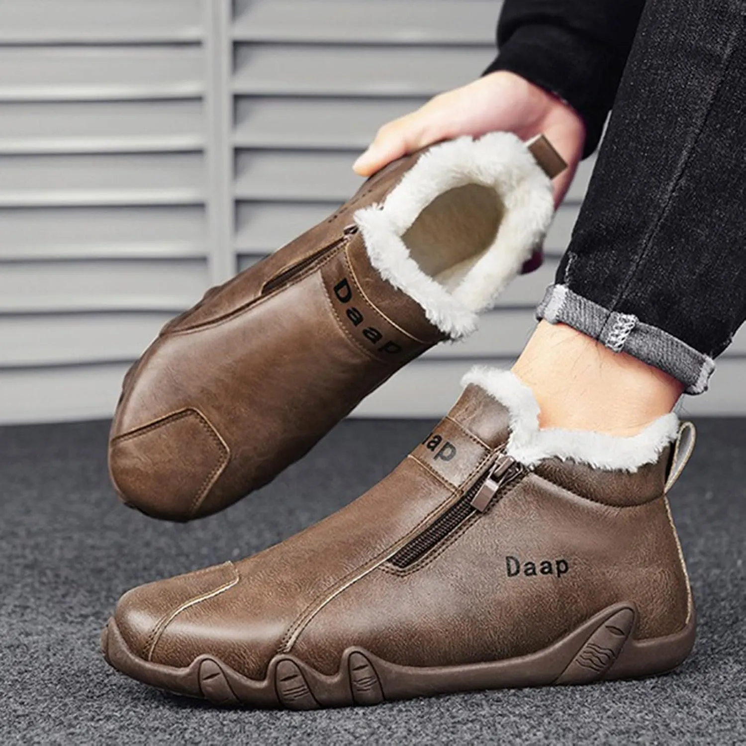 Leather Furry Boots for Men Fleece Lined Warm Winter Boots Water Proof Insulated Boots Soft Men's Wide Width Snow Boots