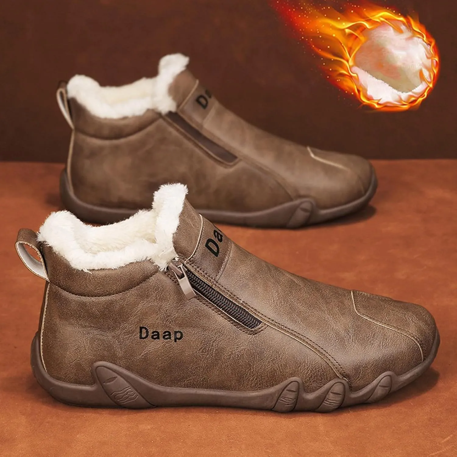 Leather Furry Boots for Men Fleece Lined Warm Winter Boots Water Proof Insulated Boots Soft Men's Wide Width Snow Boots