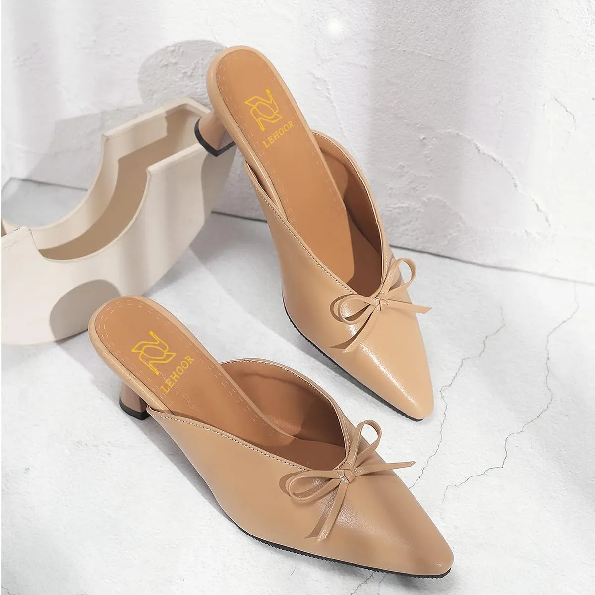 LEHOOR Women Low Kitten Heel Mules with Bows Pointed Closed Toe Slip On Dress Loafers Shoes Backless 2 Inch Chunky Block Heel Slide Slipper Ladies Dressy Comfort Elegant Spring Office Shoes 4-13 M US