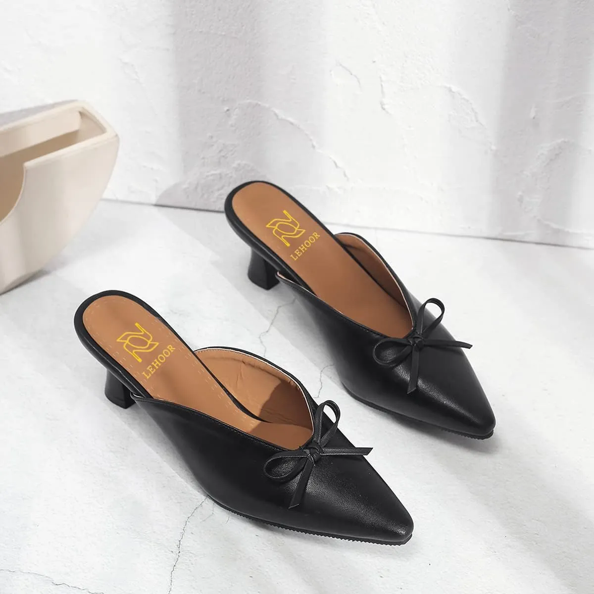 LEHOOR Women Low Kitten Heel Mules with Bows Pointed Closed Toe Slip On Dress Loafers Shoes Backless 2 Inch Chunky Block Heel Slide Slipper Ladies Dressy Comfort Elegant Spring Office Shoes 4-13 M US