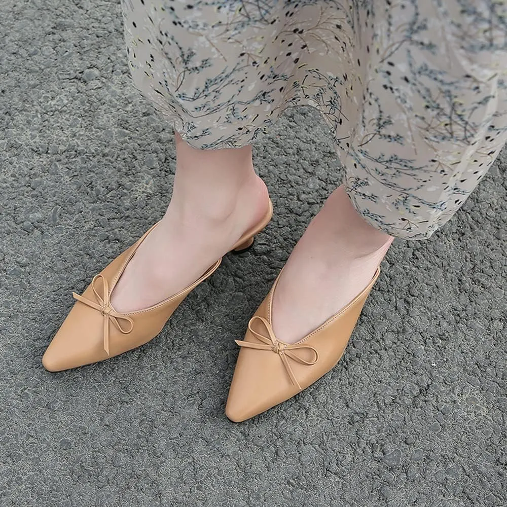 LEHOOR Women Low Kitten Heel Mules with Bows Pointed Closed Toe Slip On Dress Loafers Shoes Backless 2 Inch Chunky Block Heel Slide Slipper Ladies Dressy Comfort Elegant Spring Office Shoes 4-13 M US
