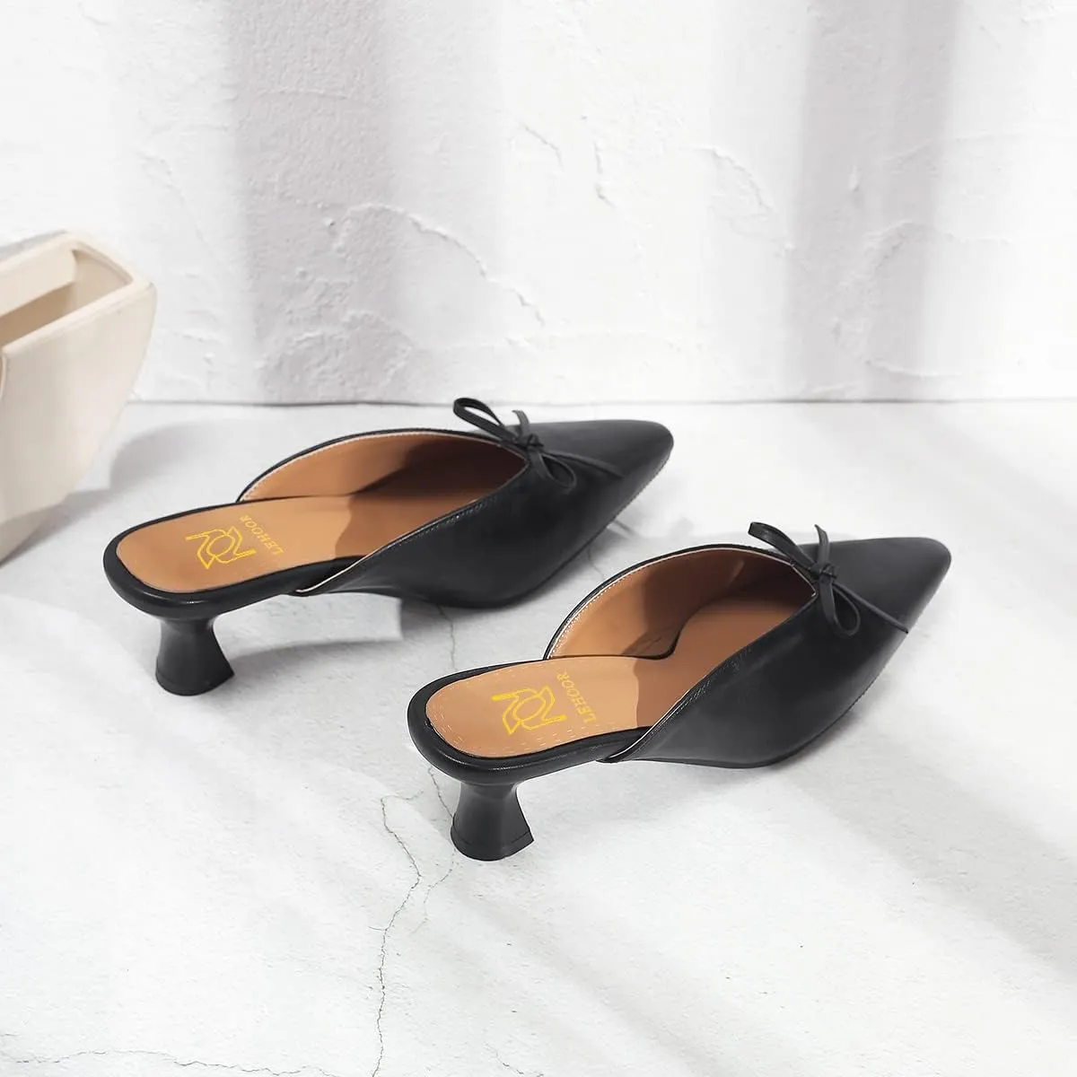 LEHOOR Women Low Kitten Heel Mules with Bows Pointed Closed Toe Slip On Dress Loafers Shoes Backless 2 Inch Chunky Block Heel Slide Slipper Ladies Dressy Comfort Elegant Spring Office Shoes 4-13 M US
