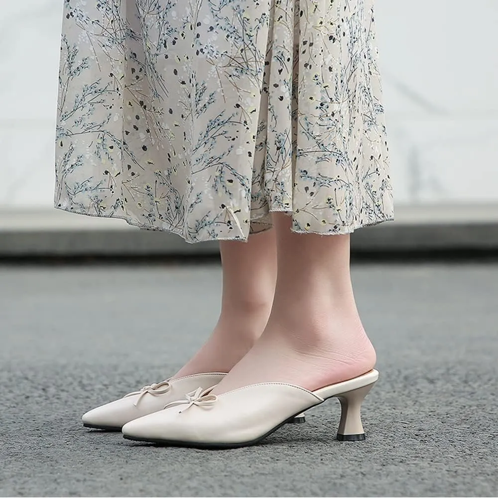 LEHOOR Women Low Kitten Heel Mules with Bows Pointed Closed Toe Slip On Dress Loafers Shoes Backless 2 Inch Chunky Block Heel Slide Slipper Ladies Dressy Comfort Elegant Spring Office Shoes 4-13 M US