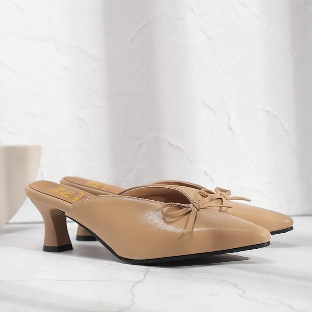 LEHOOR Women Low Kitten Heel Mules with Bows Pointed Closed Toe Slip On Dress Loafers Shoes Backless 2 Inch Chunky Block Heel Slide Slipper Ladies Dressy Comfort Elegant Spring Office Shoes 4-13 M US