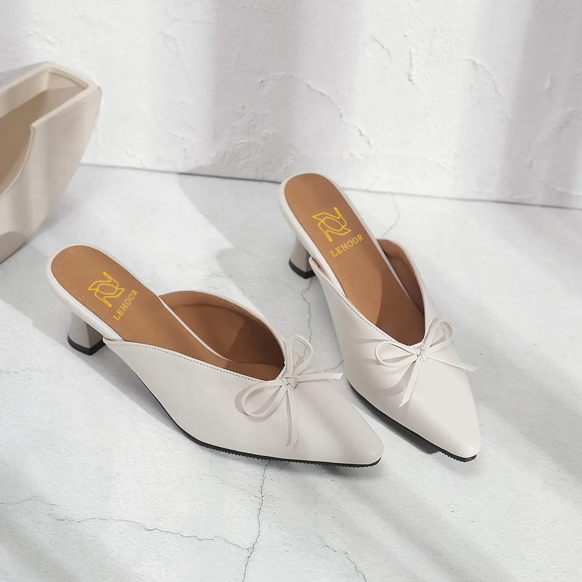LEHOOR Women Low Kitten Heel Mules with Bows Pointed Closed Toe Slip On Dress Loafers Shoes Backless 2 Inch Chunky Block Heel Slide Slipper Ladies Dressy Comfort Elegant Spring Office Shoes 4-13 M US