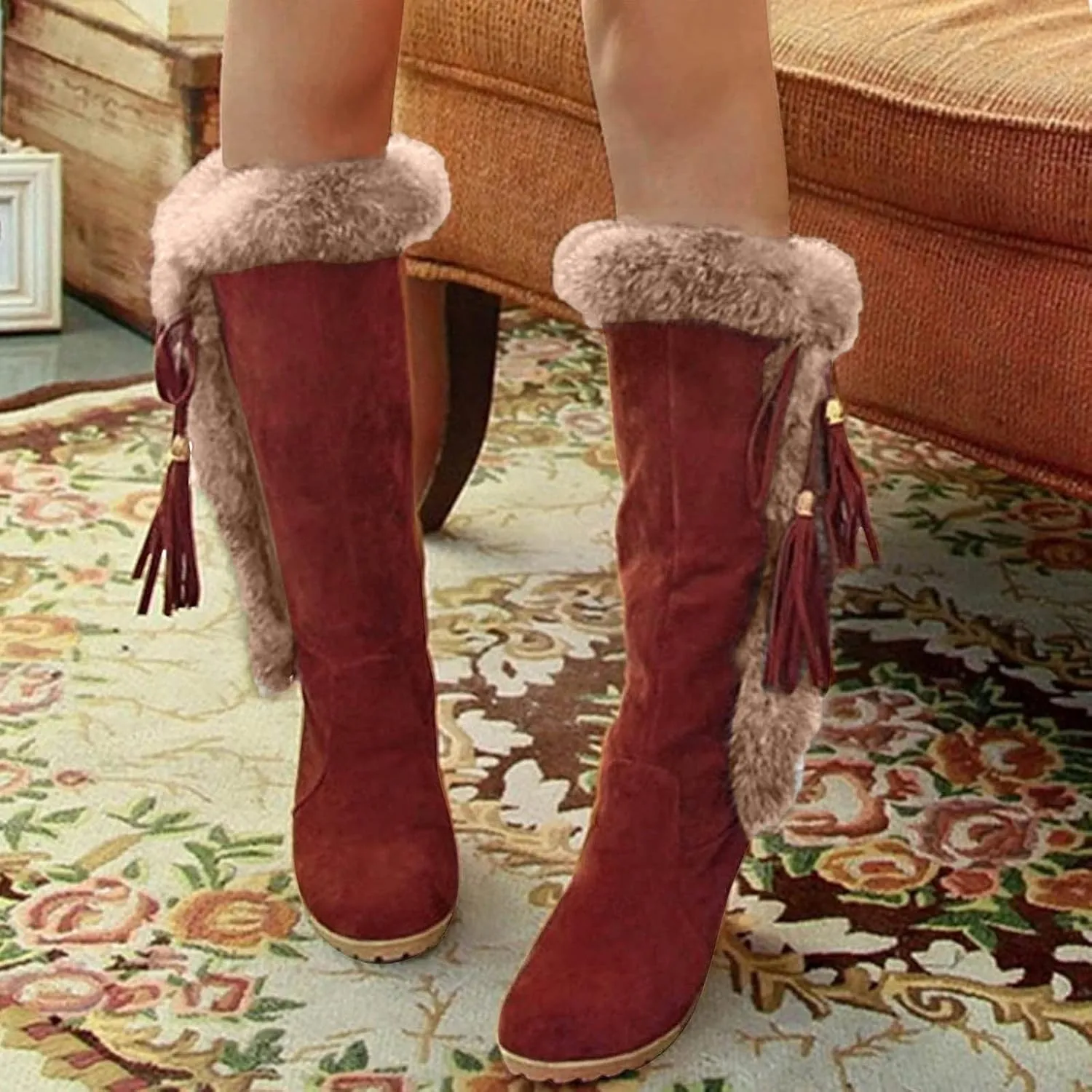 Long Furry Warm Boots Women's Heel Foot Boots Snow Fashion Cover Slope Women's Boots Womens Mid Calf Boot