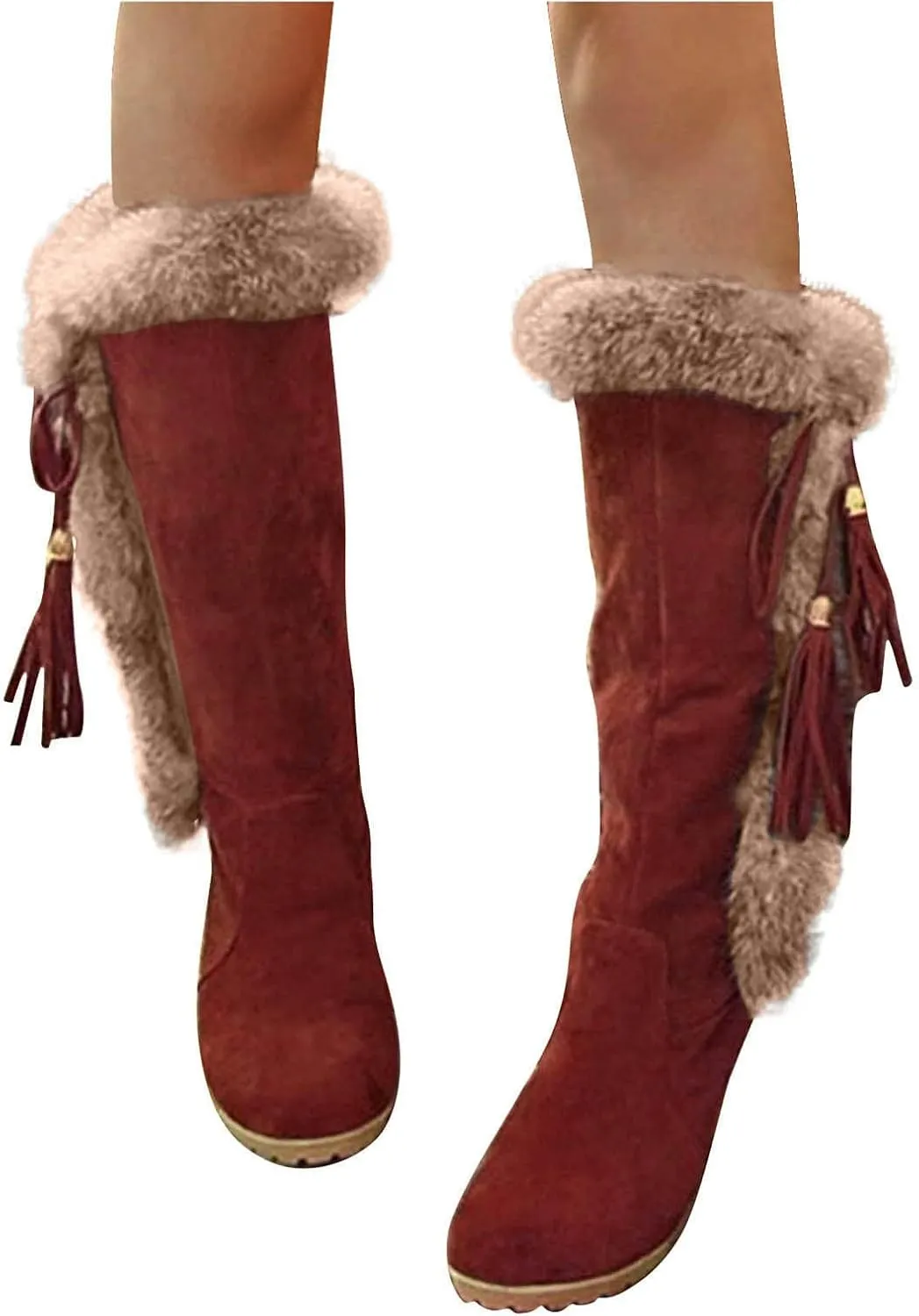 Long Furry Warm Boots Women's Heel Foot Boots Snow Fashion Cover Slope Women's Boots Womens Mid Calf Boot