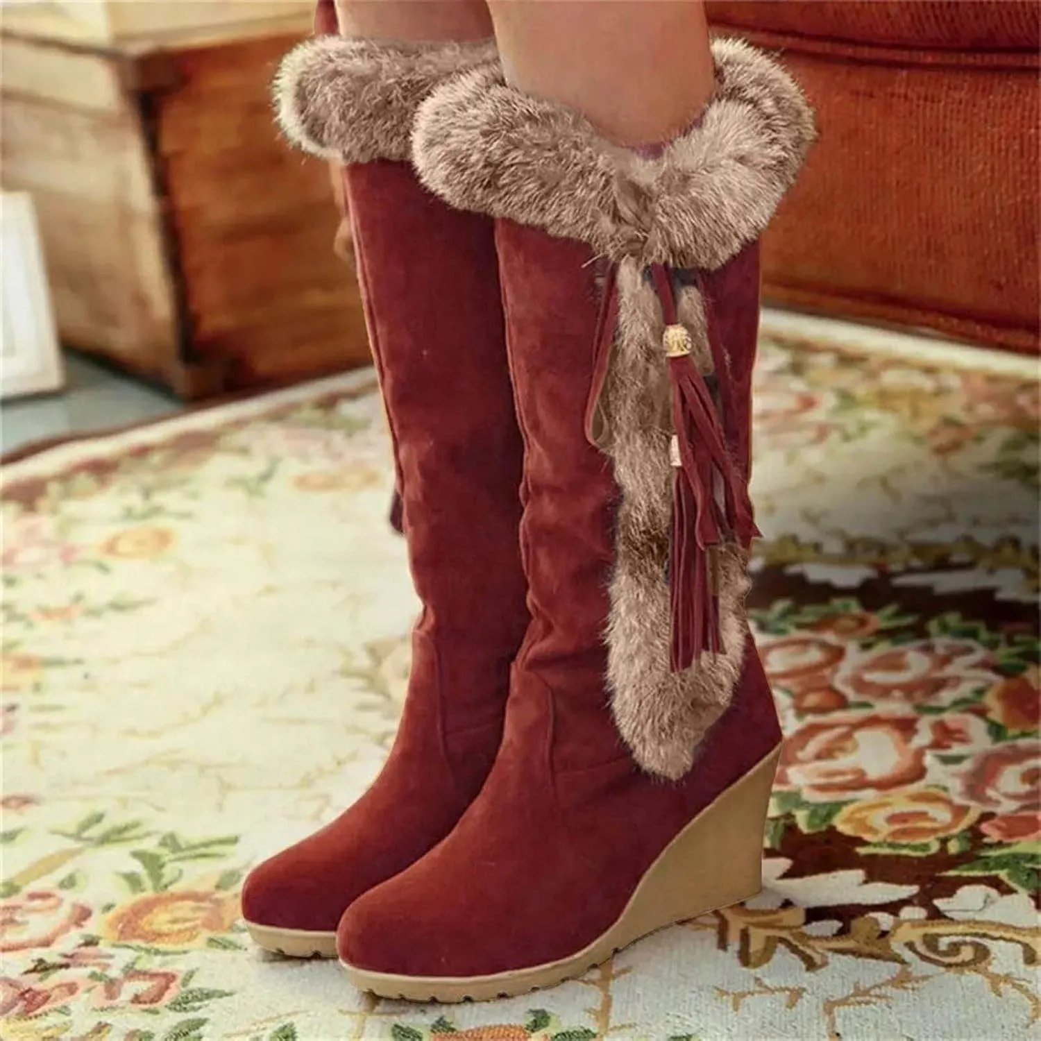 Long Furry Warm Boots Women's Heel Foot Boots Snow Fashion Cover Slope Women's Boots Womens Mid Calf Boot