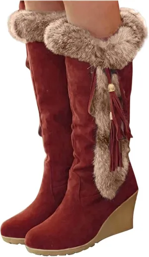 Long Furry Warm Boots Women's Heel Foot Boots Snow Fashion Cover Slope Women's Boots Womens Mid Calf Boot