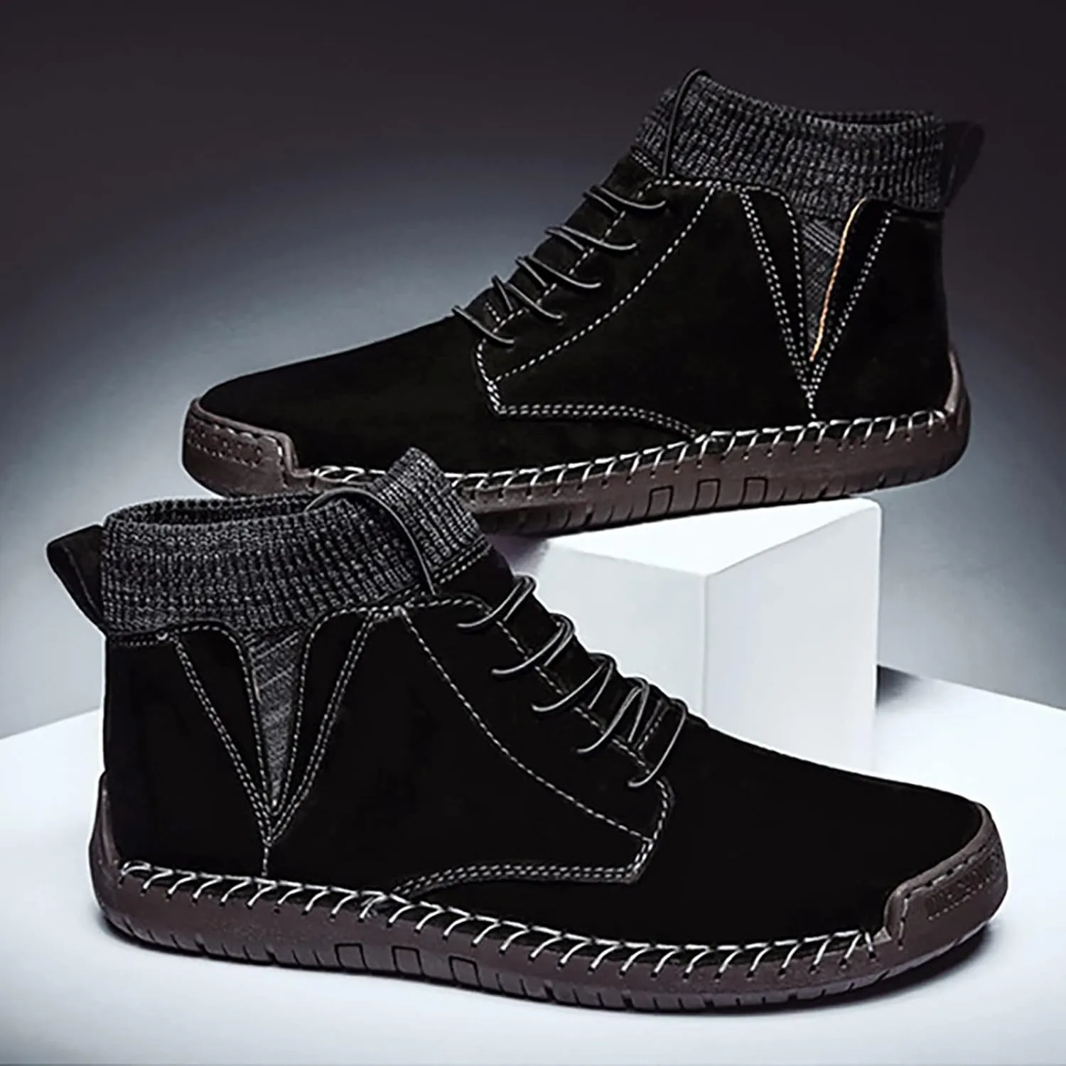 Men's Classic Suede Ankle Boots Lace Up Elastic Winter Boots Soft Flat Soled Mens Casual Fashion Breathable Sneaker