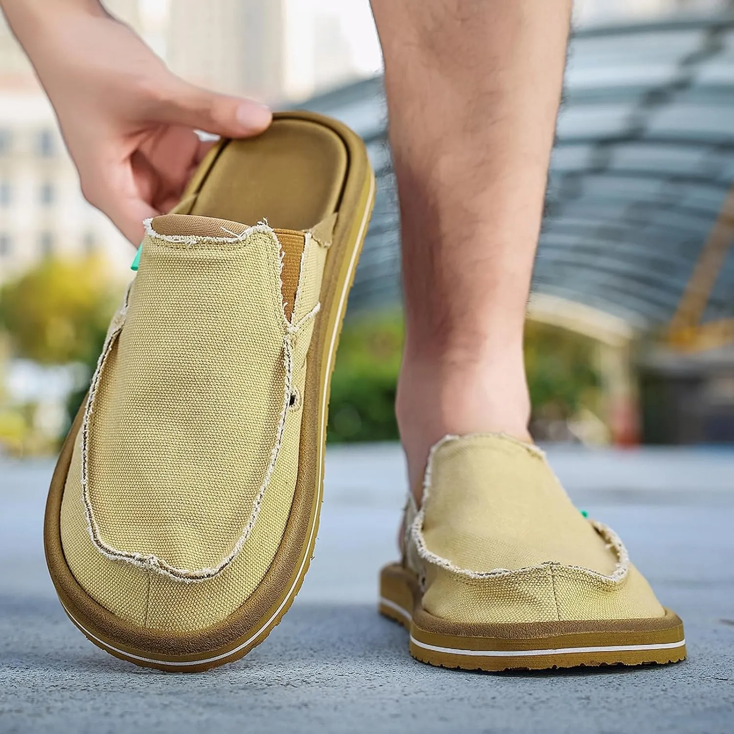 Mens Open Back Slip On Shoes Casual Canvas Slippers with Breathable Design Comfortable Outdoor Slide Shoes for Travel Walking Garden Everyday Wear