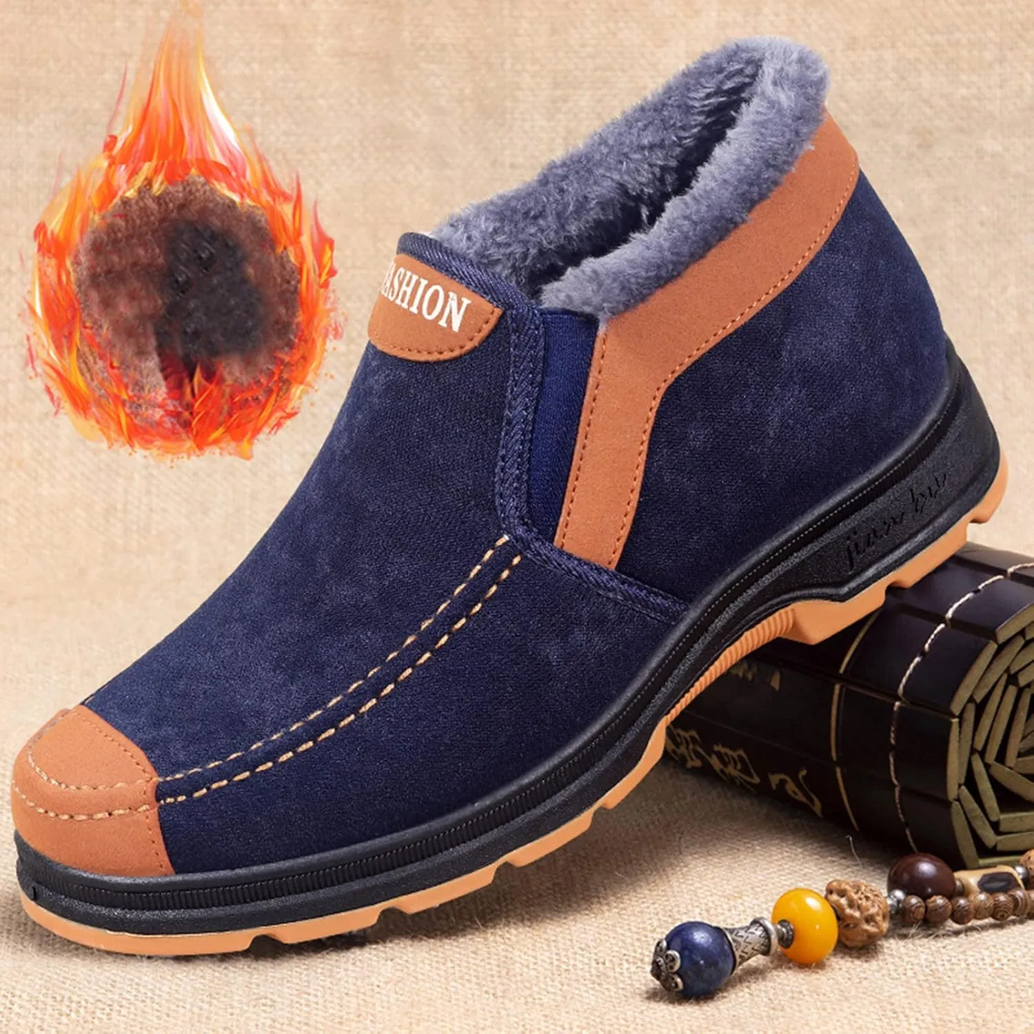 Men's Plush Warm Boots Winter Slip On Ankle Boots Fleece Lined Insulated Boots Comfort Walking Boots Snow Boots