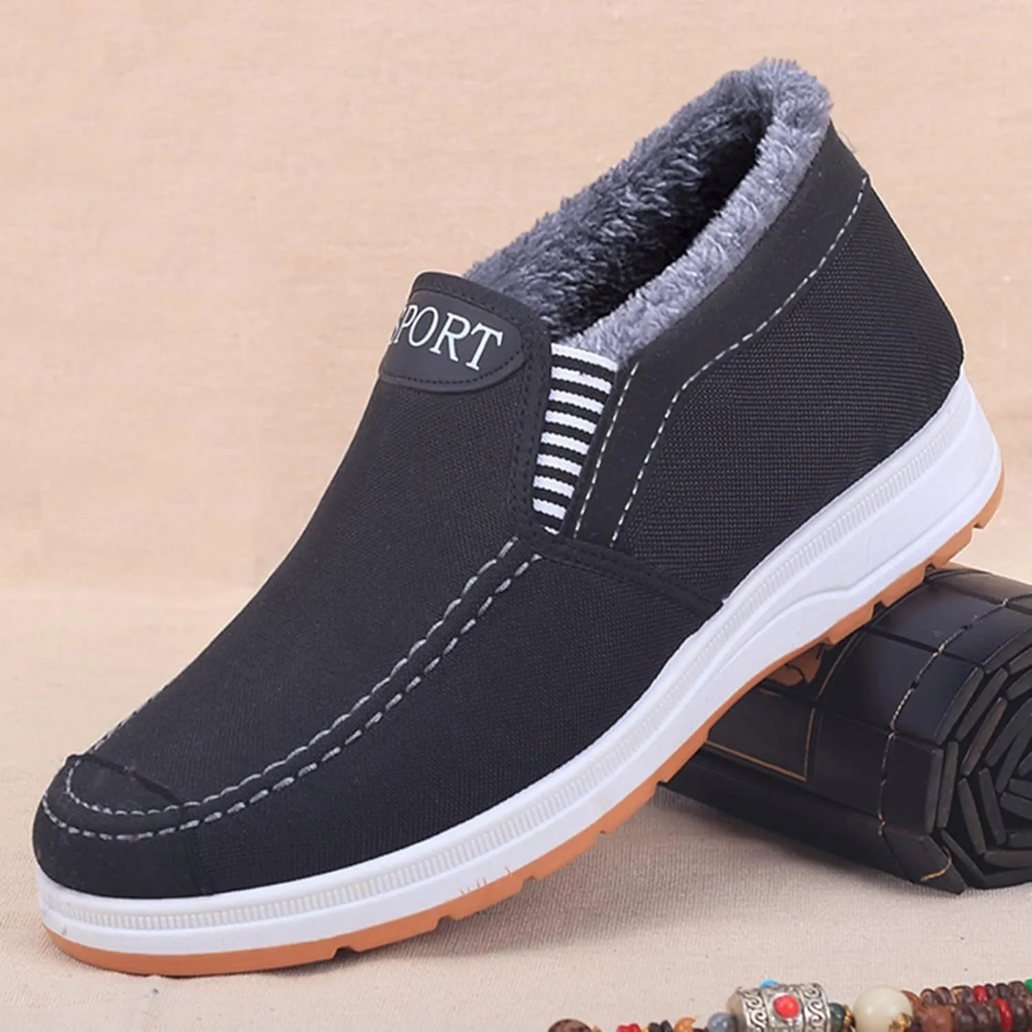 Men's Plush Warm Boots Winter Slip On Ankle Boots Fleece Lined Insulated Boots Comfort Walking Boots Snow Boots