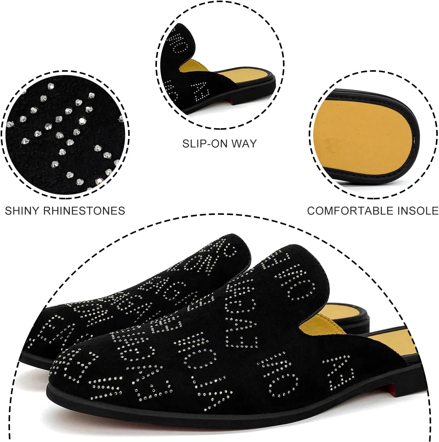 Mens Velvet Slip-On Mules Loafers Glitter Half Loafers Shoes Mens Backless Sandals Black White Size 7-13