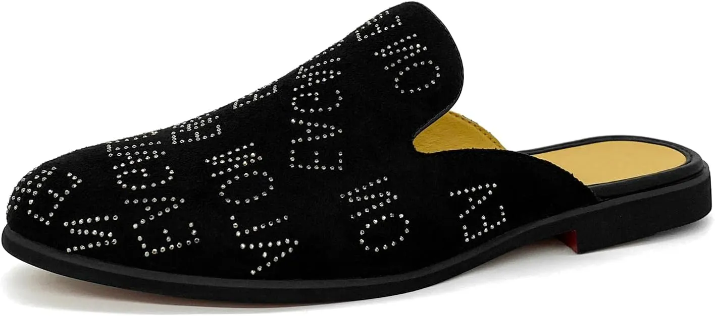 Mens Velvet Slip-On Mules Loafers Glitter Half Loafers Shoes Mens Backless Sandals Black White Size 7-13