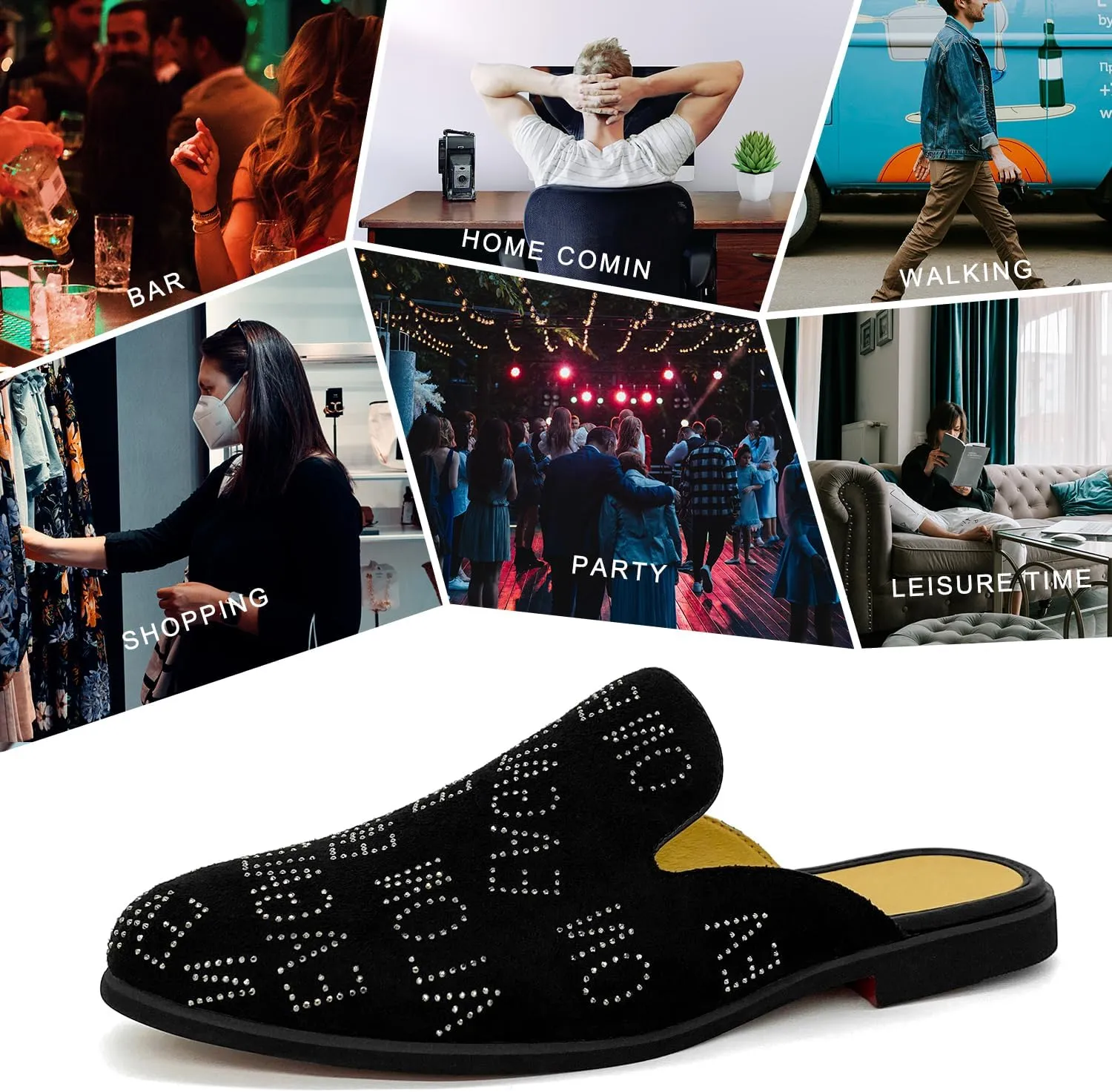 Mens Velvet Slip-On Mules Loafers Glitter Half Loafers Shoes Mens Backless Sandals Black White Size 7-13
