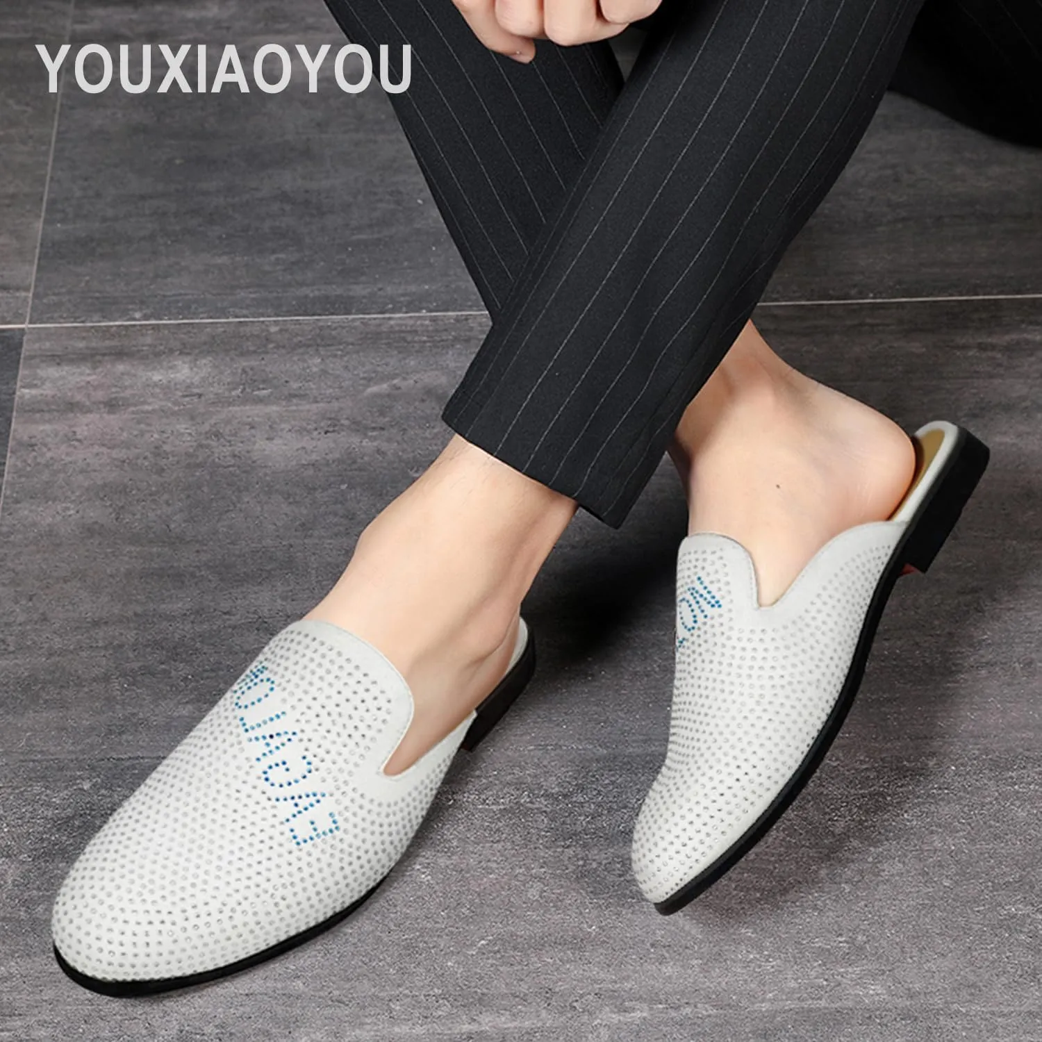 Mens Velvet Slip-On Mules Loafers Glitter Half Loafers Shoes Mens Backless Sandals Black White Size 7-13