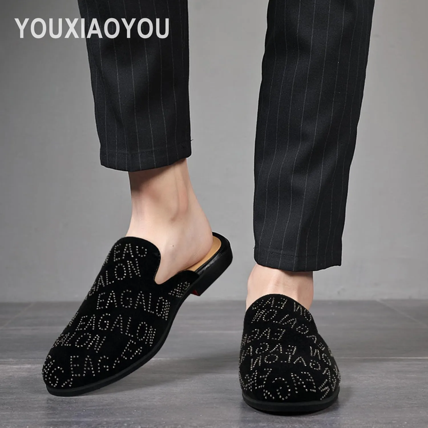Mens Velvet Slip-On Mules Loafers Glitter Half Loafers Shoes Mens Backless Sandals Black White Size 7-13