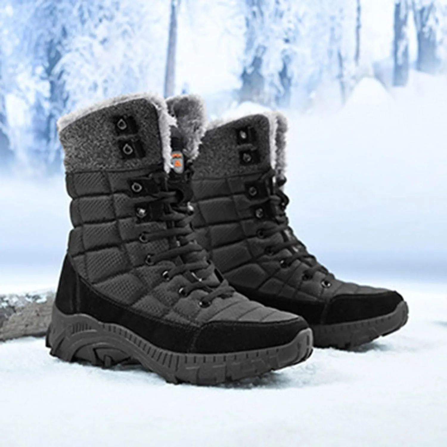 Men's Winter Cold Proof Snow Boots Plus Velvet Warm Snow Boots Lace Up Insulated Mid Calf Boots Wide Hiking Boots