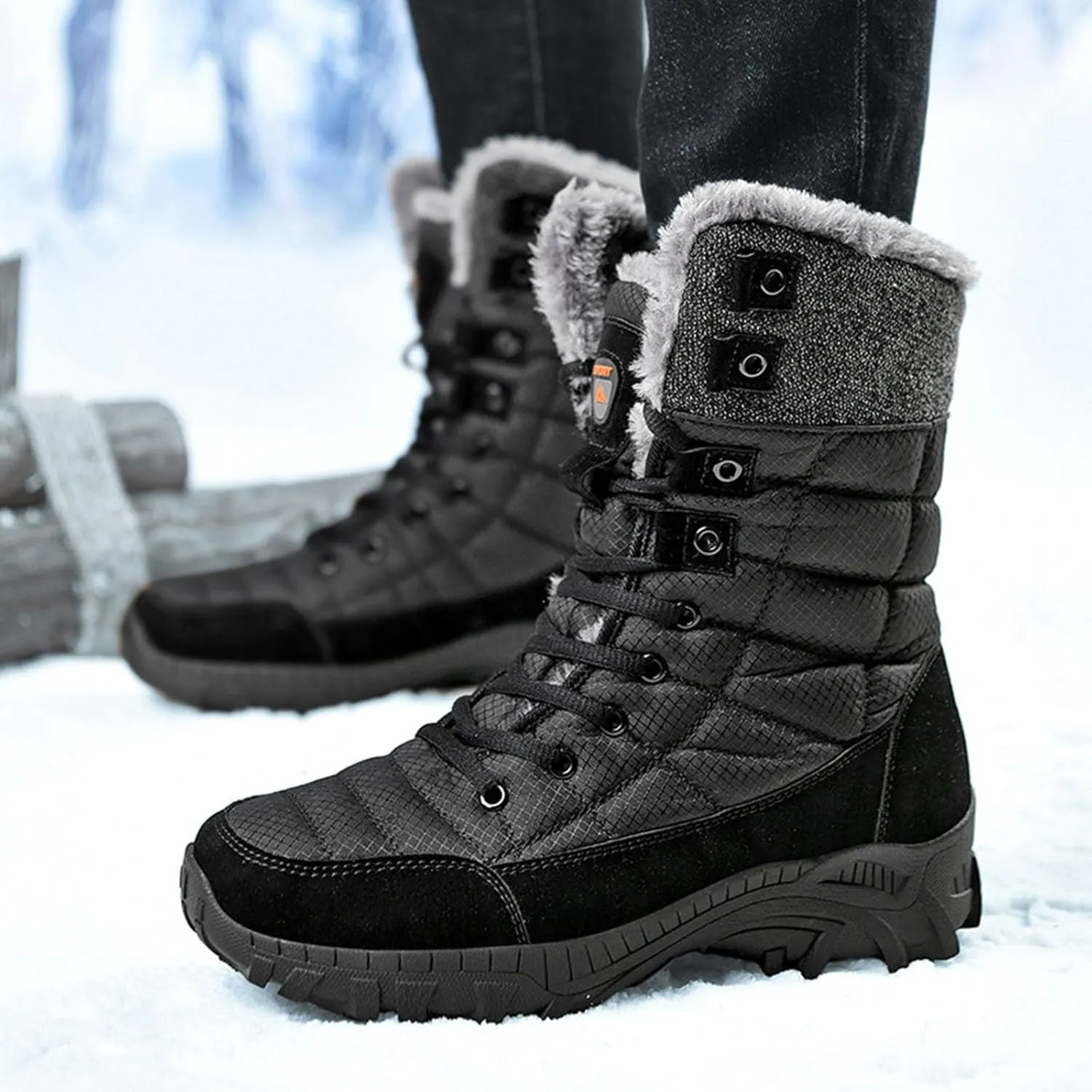 Men's Winter Cold Proof Snow Boots Plus Velvet Warm Snow Boots Lace Up Insulated Mid Calf Boots Wide Hiking Boots