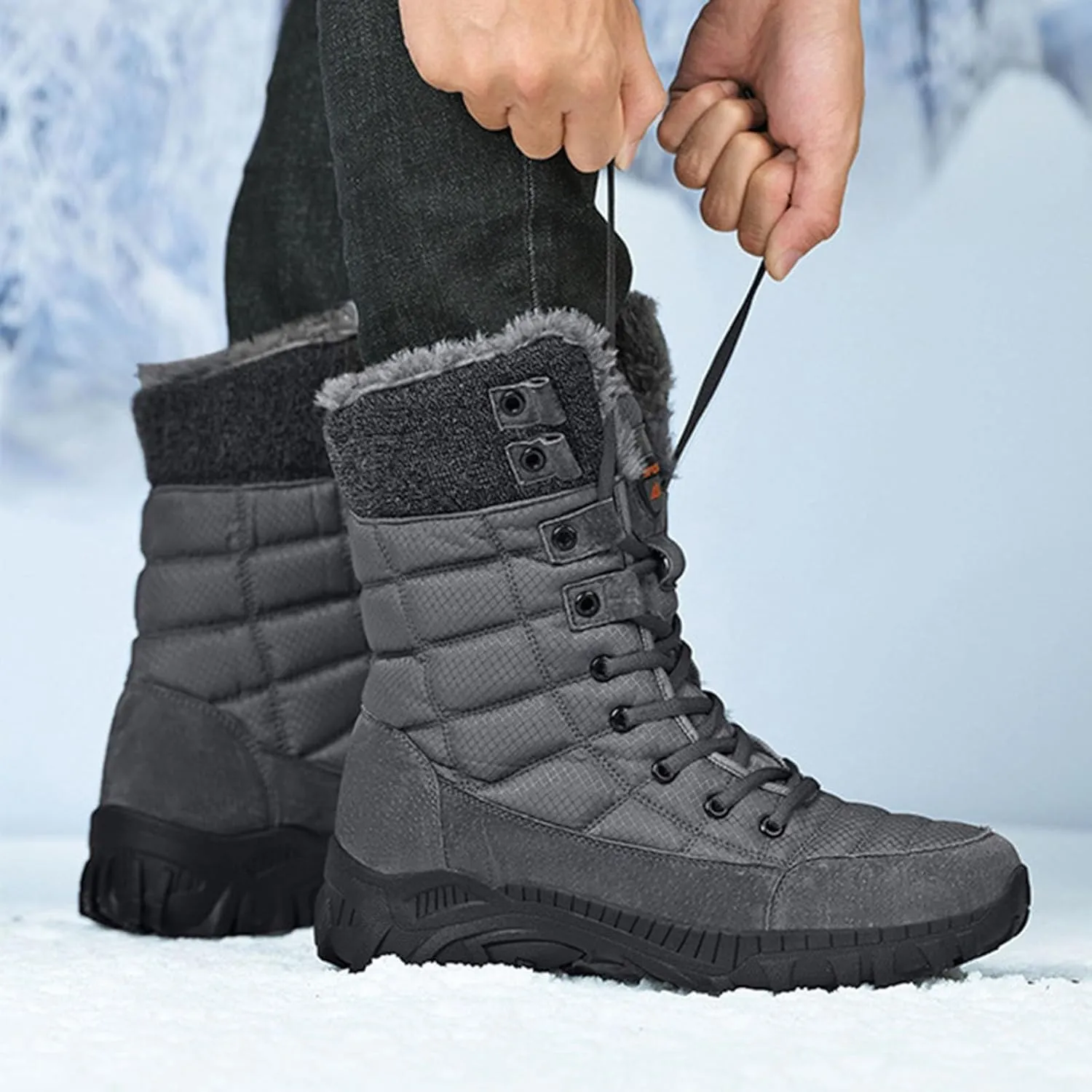 Men's Winter Cold Proof Snow Boots Plus Velvet Warm Snow Boots Lace Up Insulated Mid Calf Boots Wide Hiking Boots