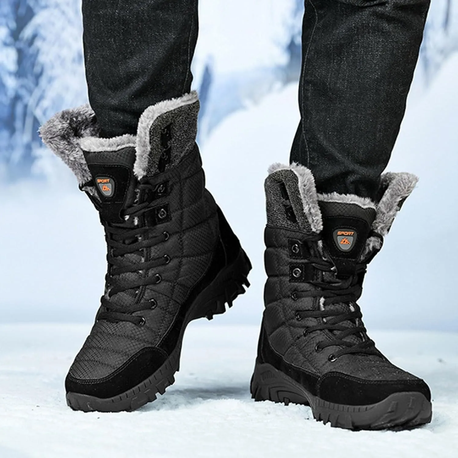 Men's Winter Cold Proof Snow Boots Plus Velvet Warm Snow Boots Lace Up Insulated Mid Calf Boots Wide Hiking Boots