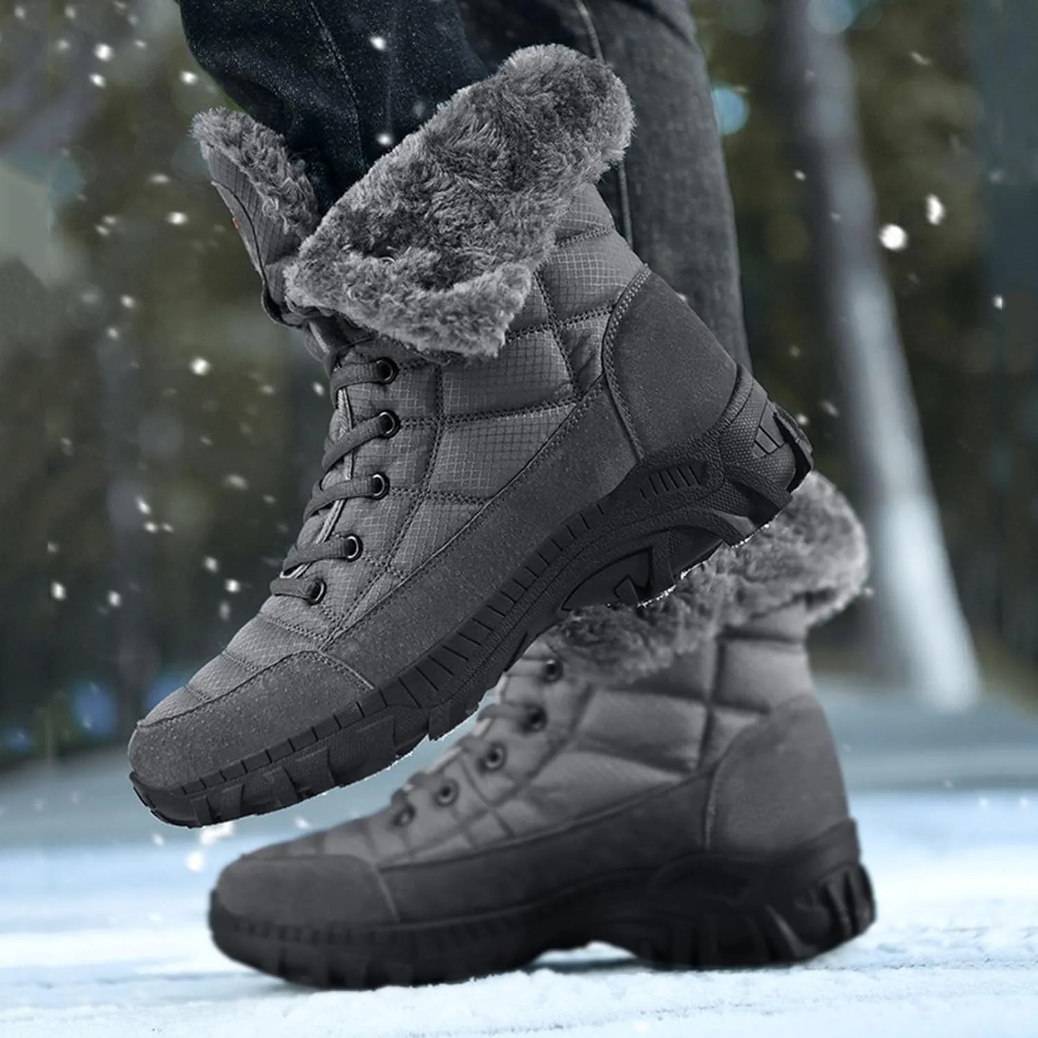 Men's Winter Cold Proof Snow Boots Plus Velvet Warm Snow Boots Lace Up Insulated Mid Calf Boots Wide Hiking Boots