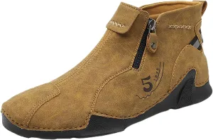 Men's Zipper Leather Boots Fashion Flat Bottom Ankle Boots Comfort Casual Walking Non Slip Flat Toe Men