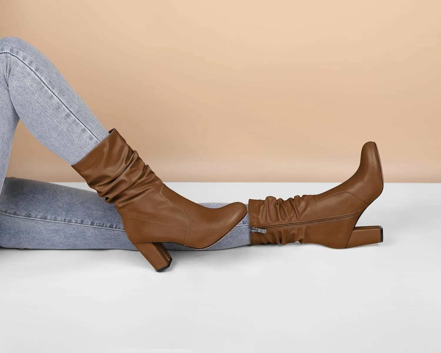 Mettesally Women's Slouchy Mid Calf Boots Chunky High Heels Round Toe Booties Side Zipper 3.5 Inch Fashion Winter Dress Shoes