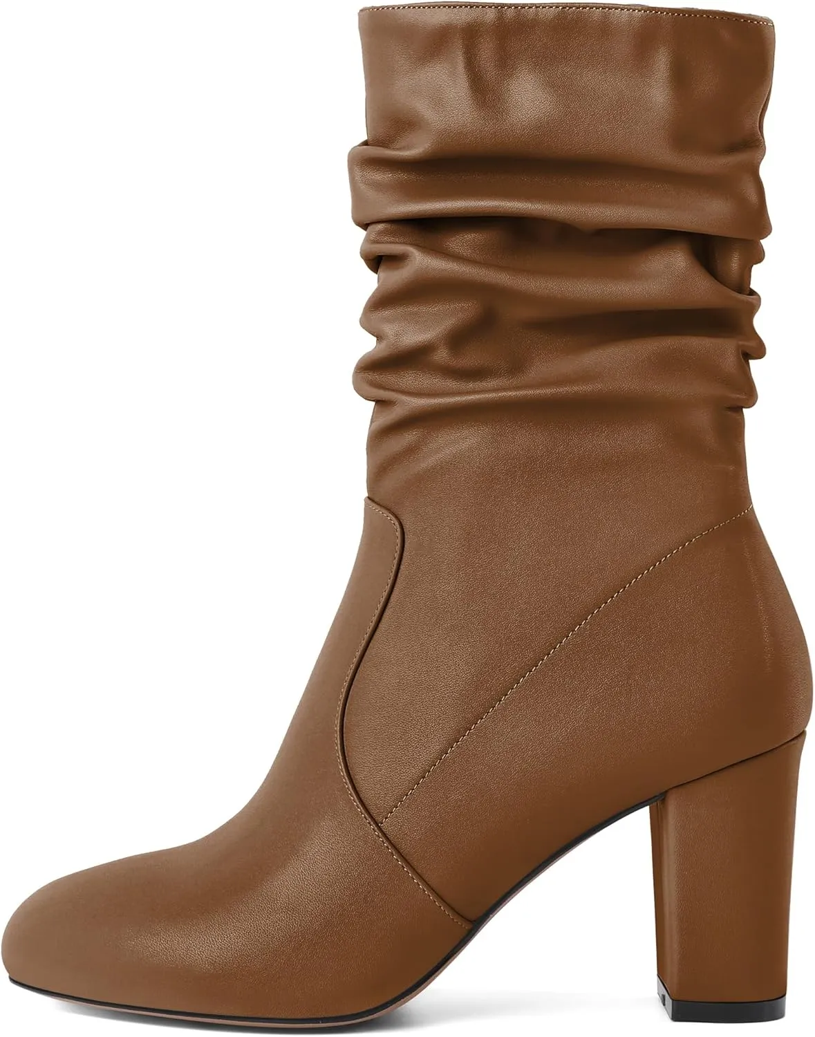 Mettesally Women's Slouchy Mid Calf Boots Chunky High Heels Round Toe Booties Side Zipper 3.5 Inch Fashion Winter Dress Shoes